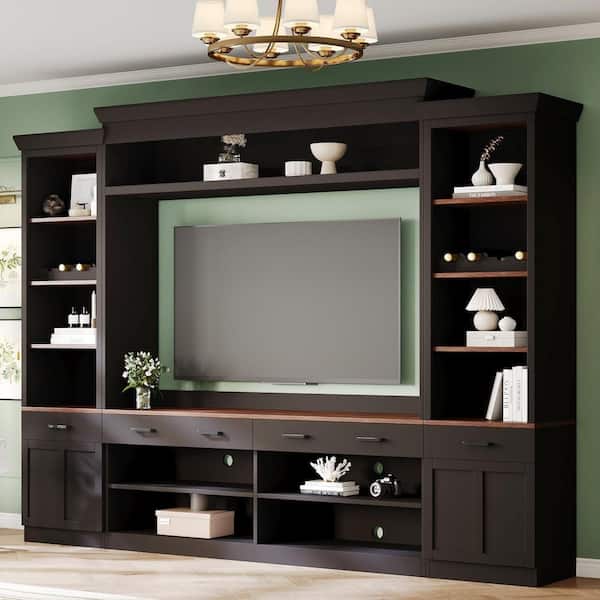 4-Piece Dark Walnut Entertainment Center with Bookshelf and Adjustable Shelves for TVs Up to 70 in. for Living Room