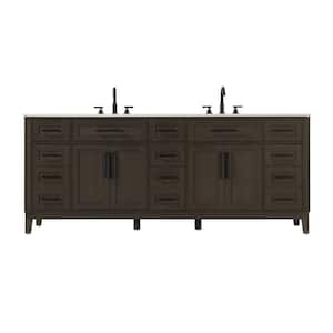 84 in. Double Sink Freestanding Mocha Brown Bath Vanity with Marble White Engineered Marble Top
