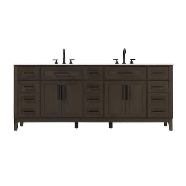 84 in. Double Sink Freestanding Mocha Brown Bath Vanity with Marble White Engineered Marble Top