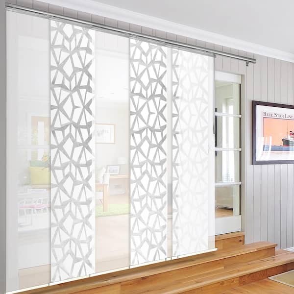 EMOH Whittaker 110 in. - 153 in. W x 94 in. L Adjustable 7-Panel White Single Rail Panel Track with 23.5 in. Slates