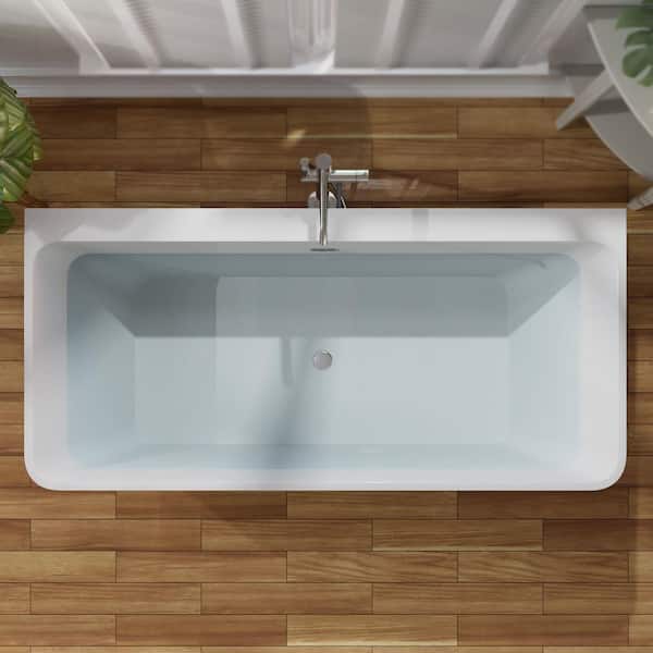 67 in. Acrylic Flatbottom Rectangular Back to Wall Alcove Soaking Bathtub in White with Polished Chrome Overflow