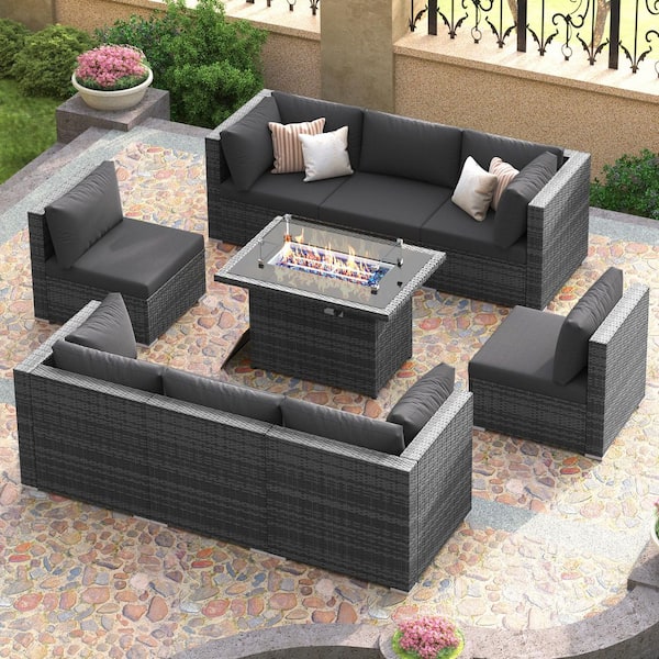 Gray 9 Piece Wicker Patio Conversation Set Deep Sectional Seating Set with Charcoal Cushions and Fire Pit Table
