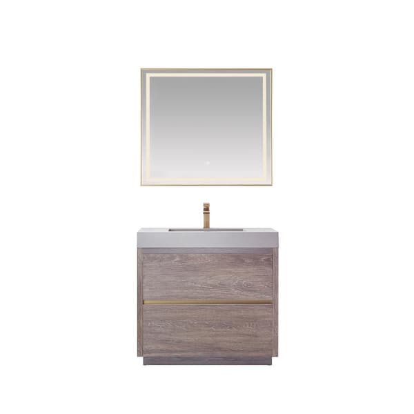 ROSWELL Huesca 36 in. W x 20 in. D x 33.9 in. H Single Sink Bath Vanity in N. Carolina Oak with Gray Composite Top and Mirror