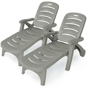 2-Piece Plastic Outdoor Chaise Lounge Chair 5-Position Folding Recliner for Beach Poolside Backyard Gray