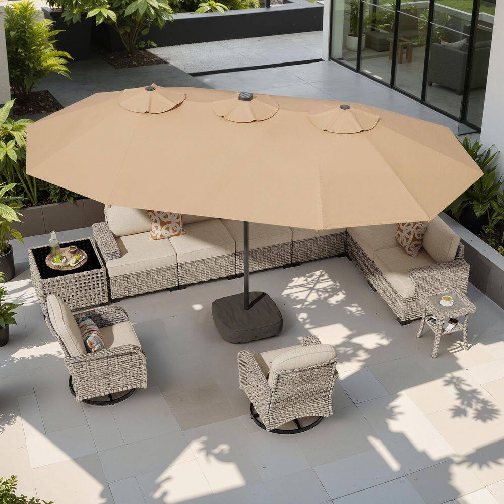 Alpine B 15 ft. Solar Colour LED Light Outdoor Double-Sided Market Patio Umbrella, UV Protection with Base in Beige price history on PriceWatchPro