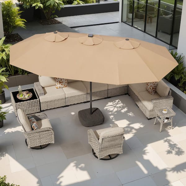 Alpine B 15 ft. Solar Colour LED Light Outdoor Double-Sided Market Patio Umbrella, UV Protection with Base in Beige