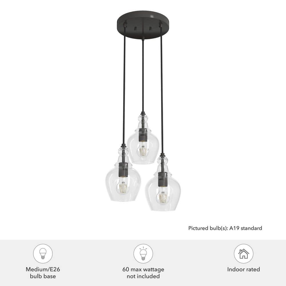 Noble Bronze 3-Light Cluster Pendant with Clear Glass Shades