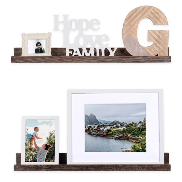 Wall Mount Shelf Photo Picture Frame Key Hooks Rustic Torched Wood Gift New 