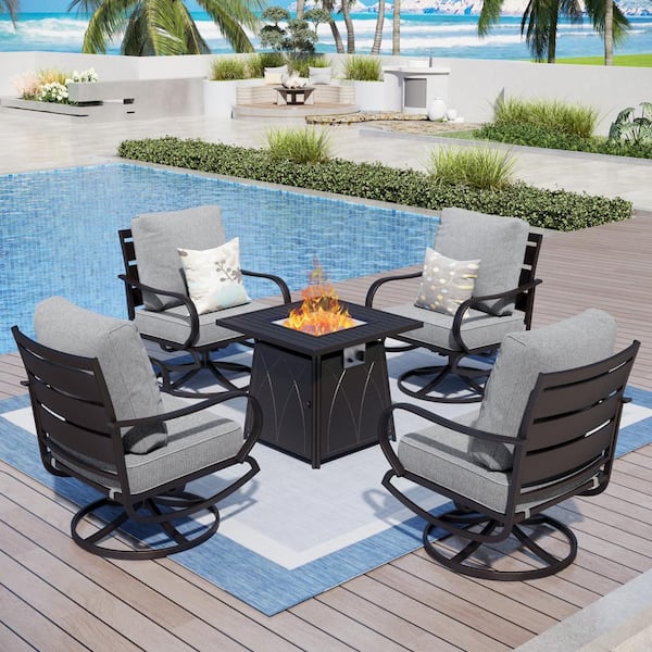 PHI VILLA 4 Seat 5-Piece Metal Outdoor Fire Pit Patio Set with Gray ...