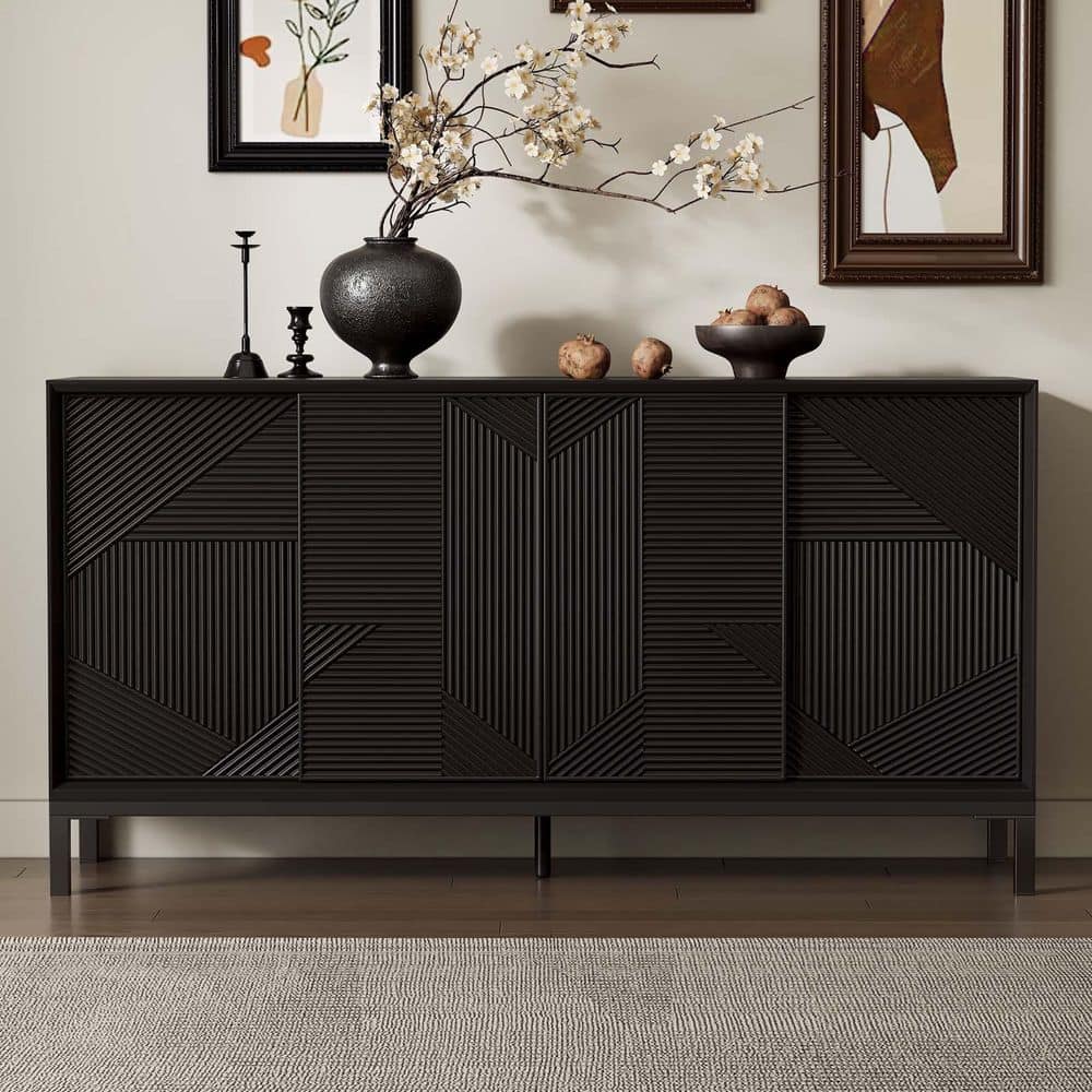 Black MDF 60 in. Modern Sideboard Buffet Cabinet Accent Storage Cabinet wit