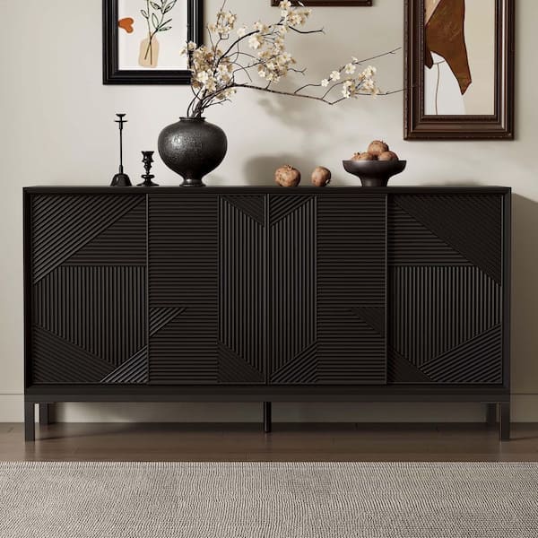 Unbranded Black MDF 60 in. Modern Sideboard Buffet Cabinet Accent Storage Cabinet with Sliding Doors and Inner Two Drawers