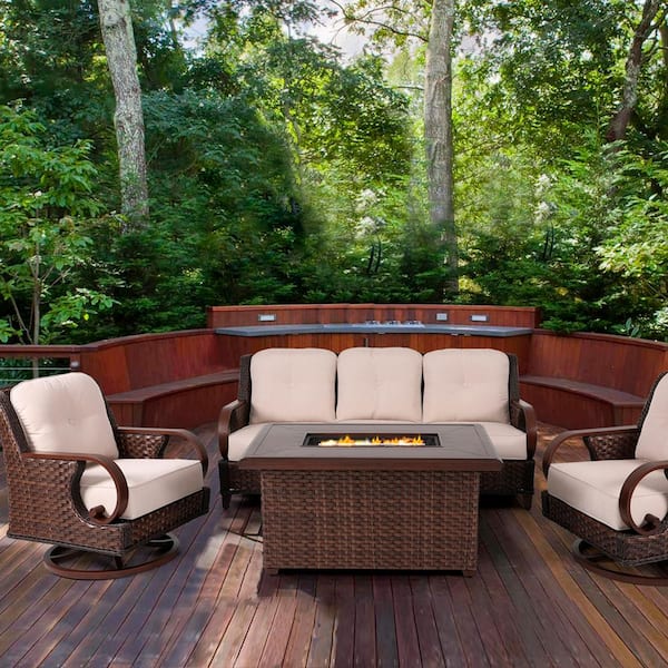 Patio Time 4-Piece Wicker Sofa Set, Stationary Chairs and Fire Pit Table