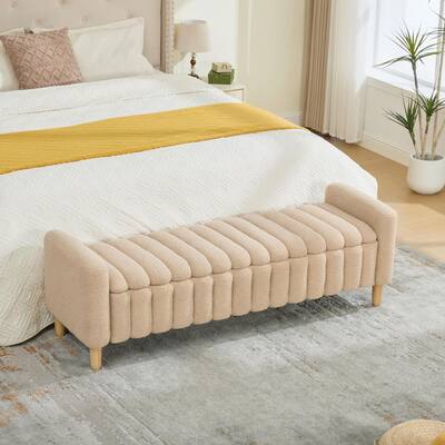 Edran Modern 63.39 in. Wheat Teddy Upholstered Accent Storage Bench with Wave Channel Tufting and Flip-Top Lid