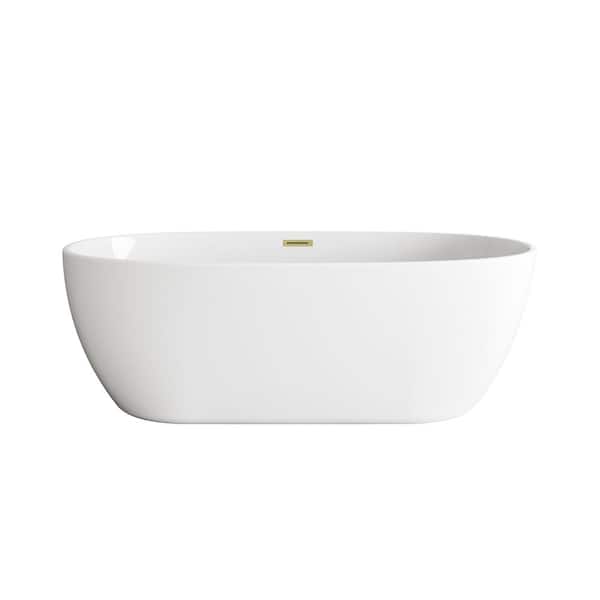 Timeless Home 70 in. x 33.5 in. Soaking Bathtub with Center Drain in Glossy White with Brushed Gold Trim