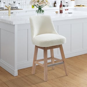 26 in. Stain Resistant Boucle Fabric Upholstered Cushioned Counter Height Bar Stool with 360° Swivel Wood Frame in Cream