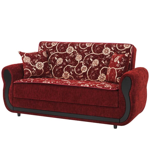 Ottomanson Madrid Collection Convertible 70 in. Burgundy Floral Chenille 2-Seat Loveseat with Storage