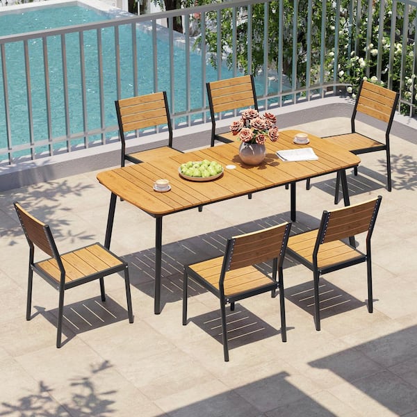 composite slatted patio dining table umbrella hole Pellebant 7-Piece Aluminum Patio Outdoor Dining Set Slat Rectangle Table  with Umbrella Hole and Stacking Dining Chairs, Brown PB-DC5005BRN-7
