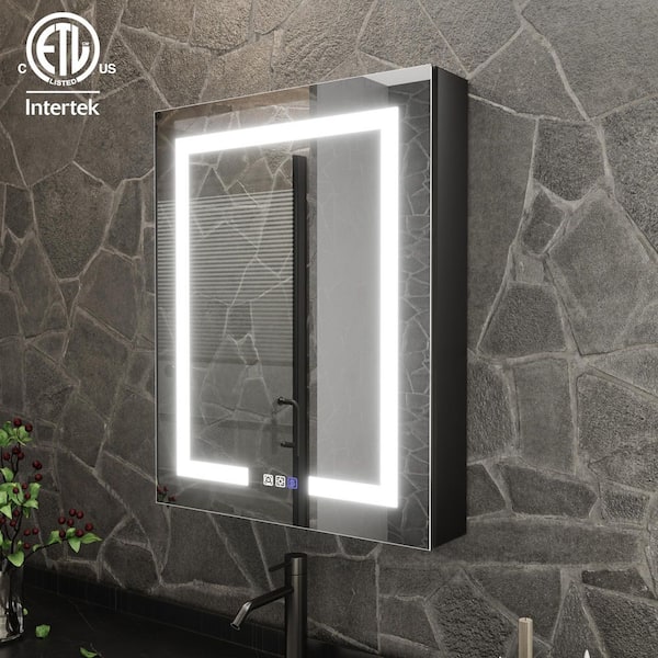 ShineX 24 in. W x 30 in. H Rectangular Black Aluminum Recessed/Surface Mount Left Medicine Cabinet with Mirror LED