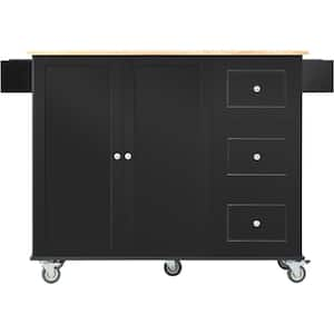 Oasis Black Wood 52.76 in. Kitchen Island with Solid Wood Top and Locking Wheels, Storage Cabinet