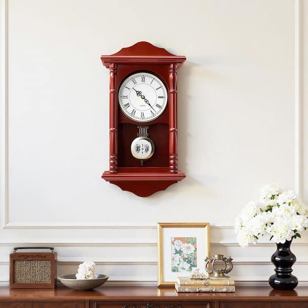 Grandfather Clock, 18 in. Vintage Pendulum Clock, Pine Wood & MDF Wall Clocks with Quartz Movement(Cherry Tone Finish)