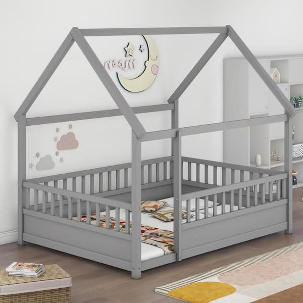 Grey Full Size Floor Wooden Bed Frame with House Roof Frame