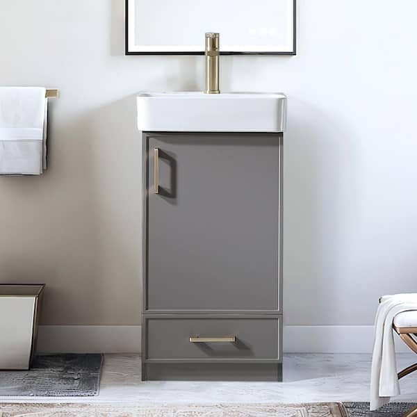 18 in. W Freestanding Bathroom Vanity in Gray with White Ceramic Sink Top