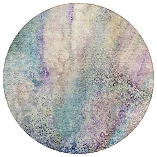 HomeRoots Beige Blue and Gray 8 ft. Round Abstract Indoor / Outdoor Area Rug