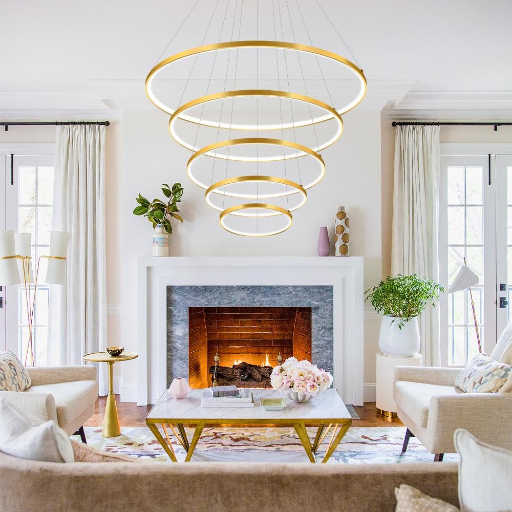 Modern 5-Rings Gold Large Chandelier, Dimmable High Ceiling Foyer Light Fixtures with Remote Integrated LED price history on PriceWatchPro