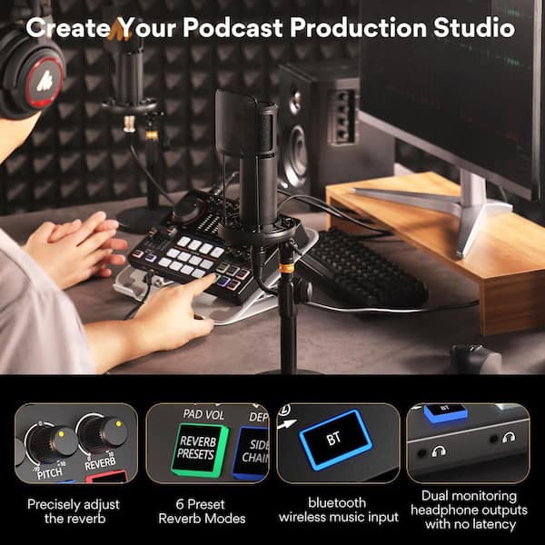 Yichuhaoxi Podcast Equipment Bundle Audio Interface with 48V Phantom Power, Bluetooth for Podcast, Streaming, Voice Over, YouTube