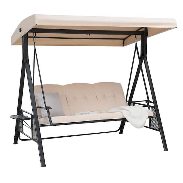 VEIKOUS 3-Person Metal Patio Swing Chair With Converting Canopy Porch Swing With Detachable Cushion and Side Trays, Beige