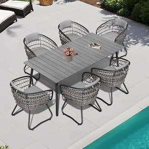 7-Piece Wicker Metal Aluminum Rectangular Outdoor Dining Set with Gray Cushion