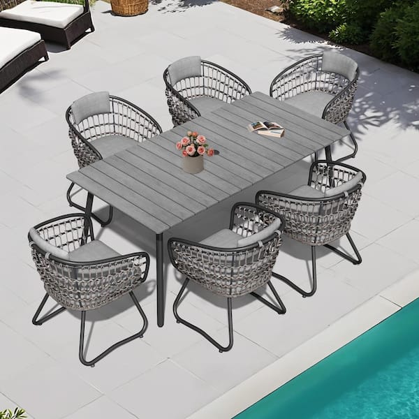 Pellebant 7-Piece Wicker Metal Aluminum Rectangular Outdoor Dining Set with Gray Cushion