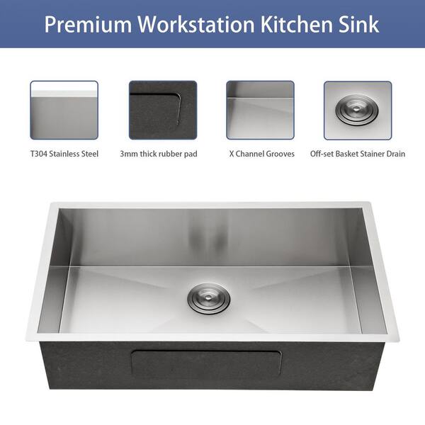 Dueyeeri - 33 in. Undermount Single Bowl 16-Gauge Brushed Nickel Stainless Steel Kitchen Sink with Bottom Grids