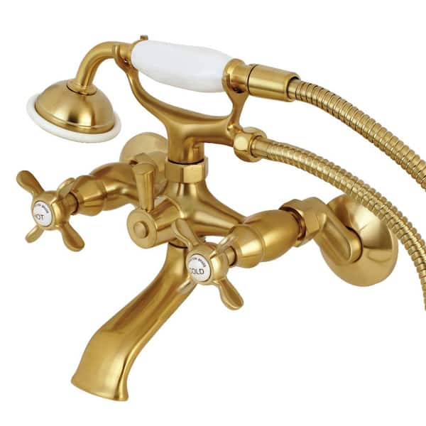 Victorian 3-Handle Wall Claw Foot Tub Faucet with Handshower in Brushed Brass