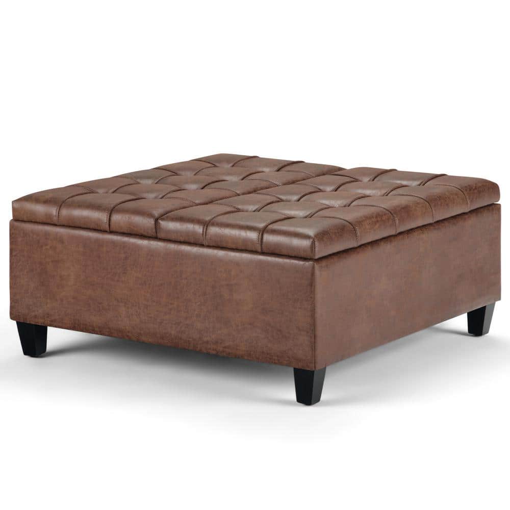 Harrison Distressed Umber Brown Faux Leather Tufted Cocktail Ottoman