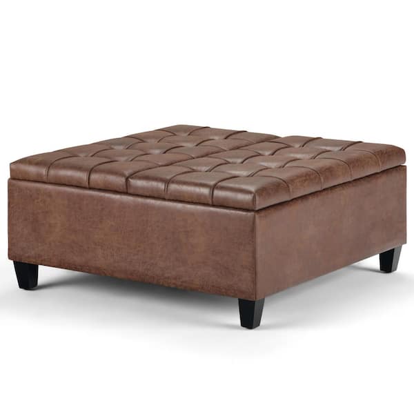 Distressed Umber Brown Faux Leather, Large Storage Ottoman Brown