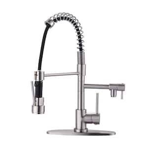 2-Spout Single Handle Pull Down Sprayer Kitchen Faucet with Advanced Spray in Solid Brass Brushed Nickel