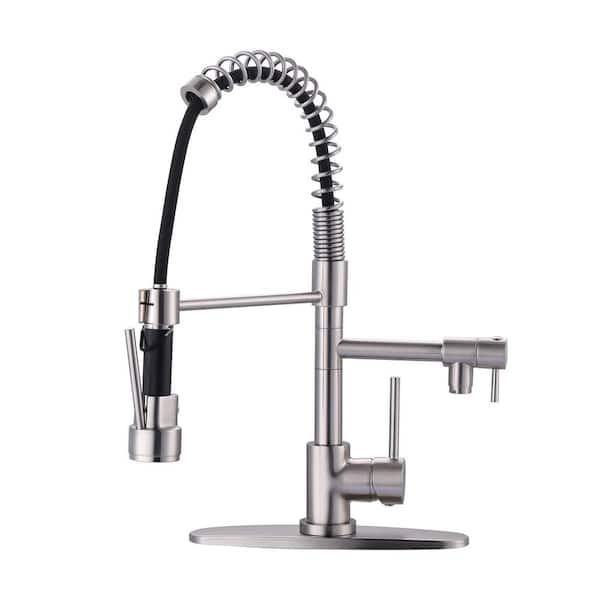 IVIGA 2-Spout Single Handle Pull Down Sprayer Kitchen Faucet with Advanced Spray in Solid Brass Brushed Nickel
