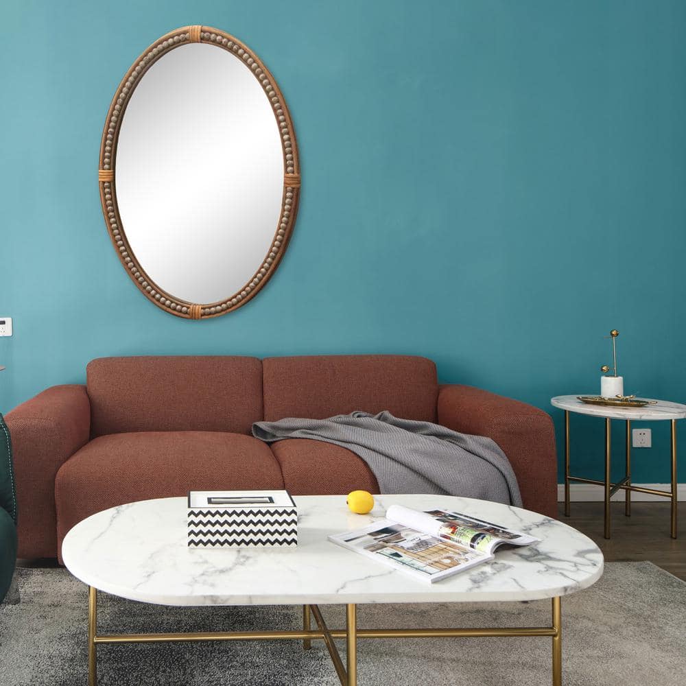Brown Oval Rattan and Wood Decorative Wall Mirror with Resin Bead Accent