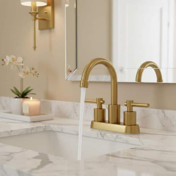 4 in. Centerset Stainless Steel Double Handle Bathroom Faucet with Drain Kit and Supply Lines Included in Brushed Gold