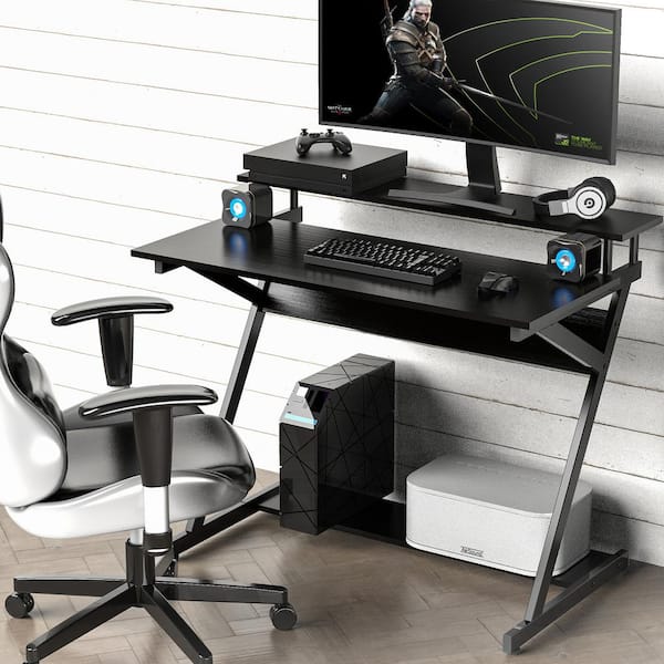 Fitueyes Computer Desk for Small Spaces,27.6 Z-Shaped Compact Study Table with Monitor & Bottom Shelves for Home Office, Black