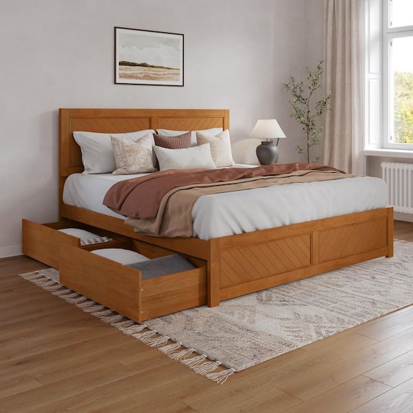 Canyon Light Toffee Natural Bronze Solid Wood Frame King Platform Bed with Matching Footboard and Storage Drawers