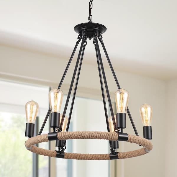 LWYTJO 6-Light Black Wagon Wheel and Woven Design Linear Chandelier for Living Room with No Bulbs Included