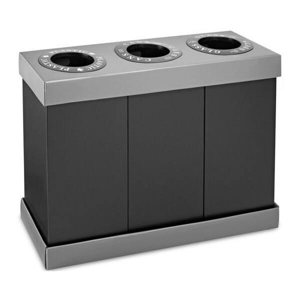 Alpine Industries 471-03-BLK 28 Gal. Black Corrugated Plastic 3-Compartment Indoor Trash Can and Recycling Bin - 1