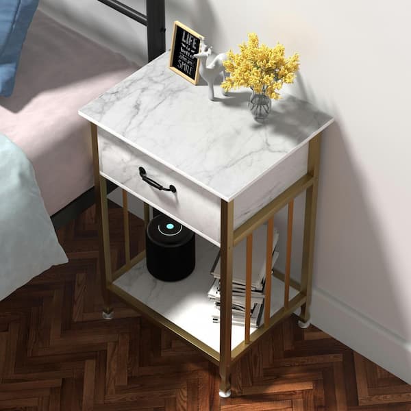 Nightstands Set of 2, Industrial Side/End Tables with Drawer and Storage Shelf, Night Stands, White