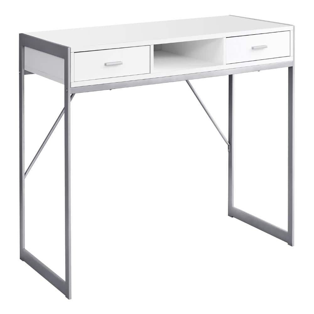 White Desk with 2 Drawers & Shelf, Silver Square Metal Base, Chic & Compact price history on PriceWatchPro