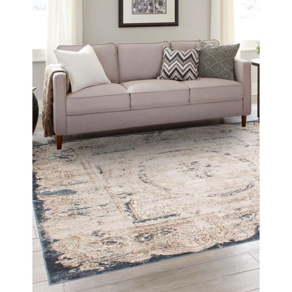 Ivory and Navy Blue Medallion Square Indoor Rug, 7' x 7', Easy Care