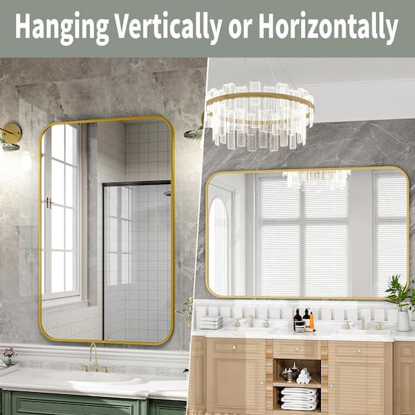 30 in. W x 48 in. H Rectangular Modern Aluminum Alloy Framed Rounded Gold Wall Mirror