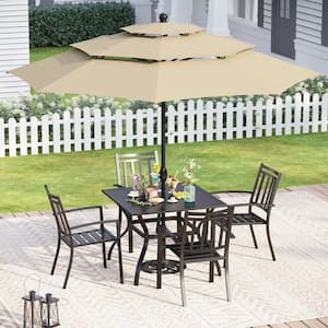 Black 6-Piece Metal Outdoor Patio Dining Set with Umbrella Slat Square Table and Stripe Stackable Chairs