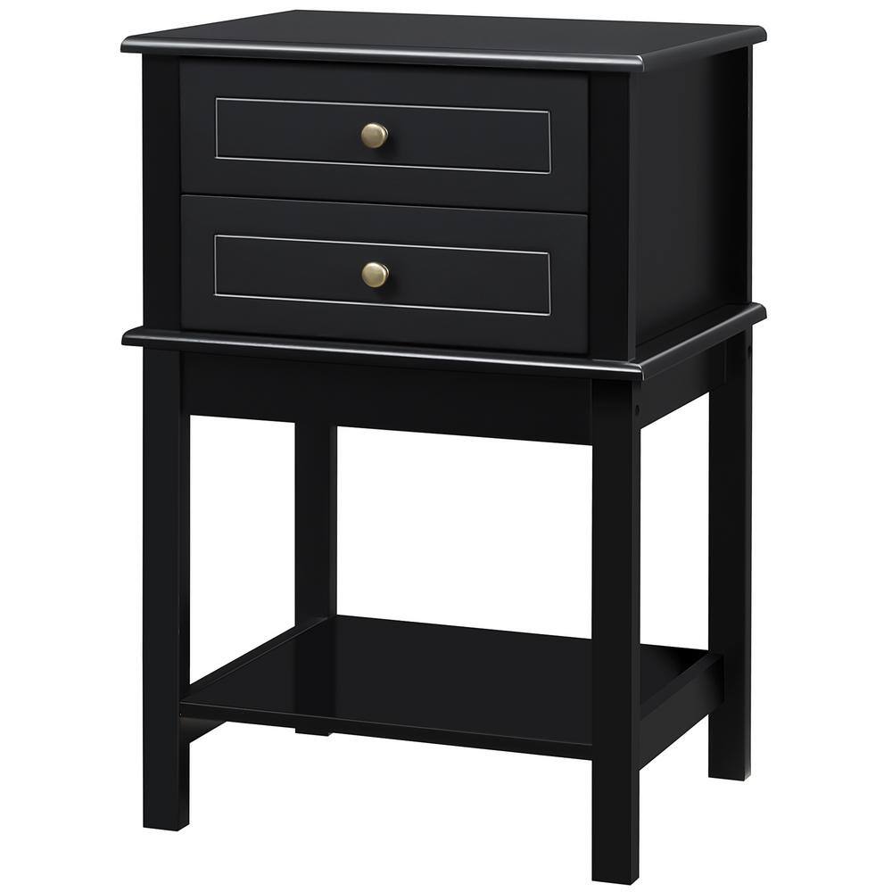 Modern Black Wood Side Table with Dual Storage Drawers and Shelf